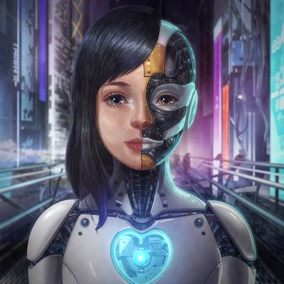 The primary subject of the image is a woman with a heart-shaped robot face. She is wearing a white outfit and has a heart-shaped robot face on her chest. The setting is a futuristic city with a backdrop of a building. The visual style is digital art, and the colors and mood are predominantly white and futuristic.
